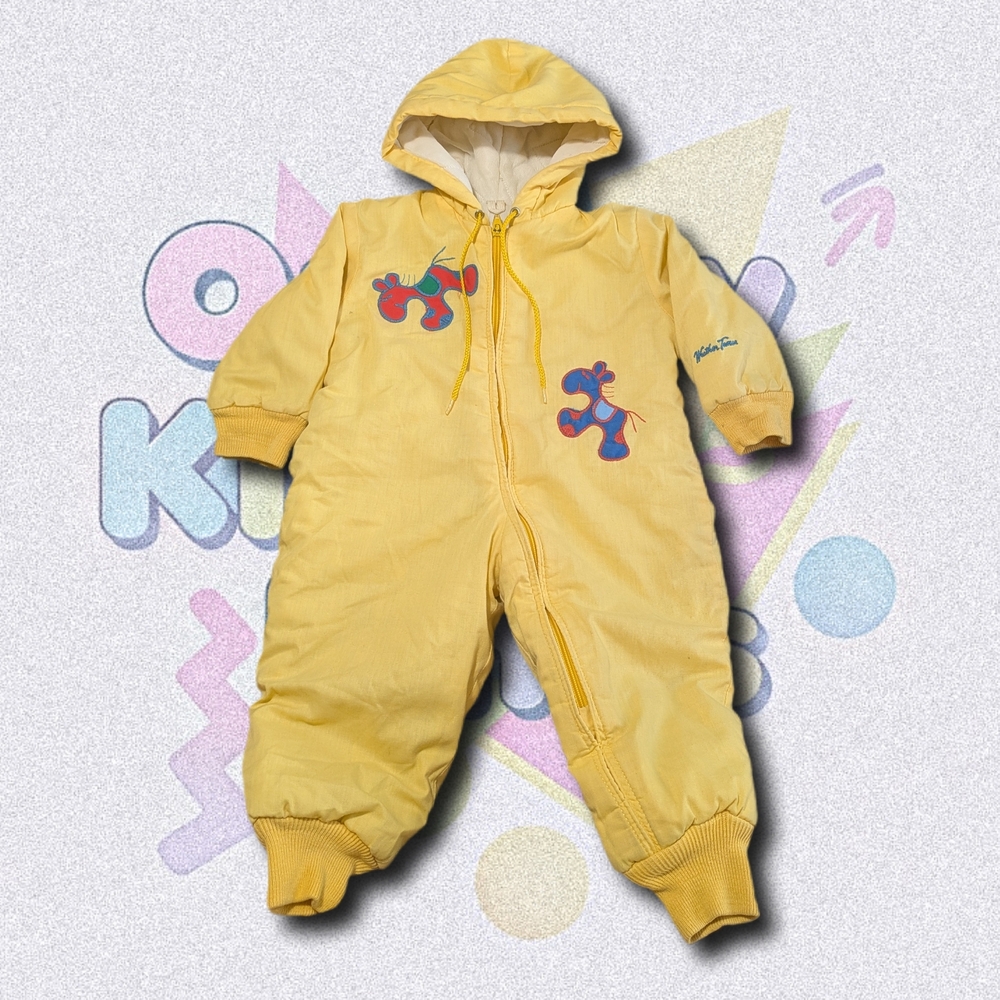 Vtg Yellow Bunting Suit | Horse Appliqué Hooded Weather Tamer Snowsuit 12M